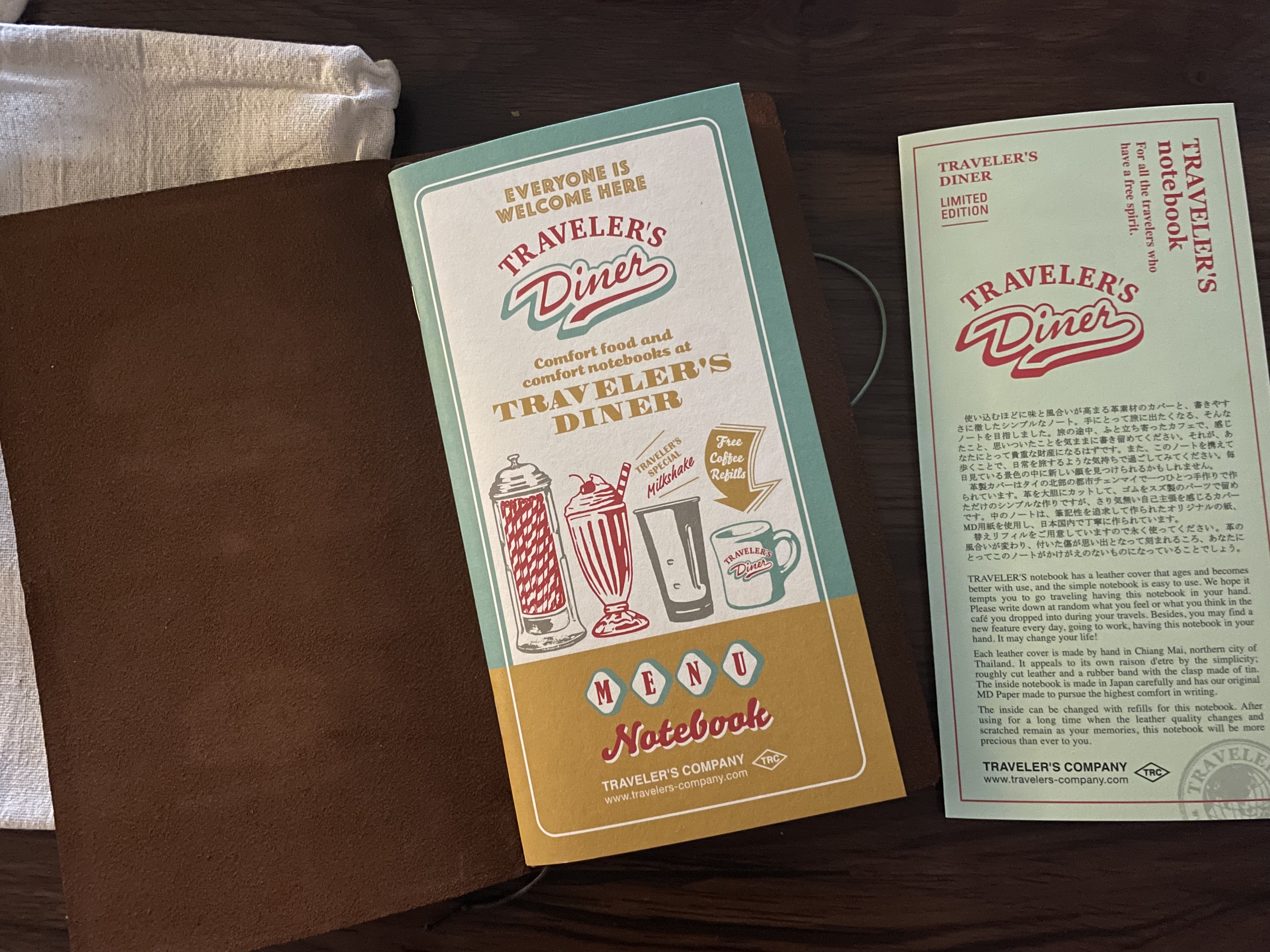 the inside of the traveler's notebook, which has a softcover notebook inside. the softcover notebook's cover looks like the cover of a retro diner's menu
