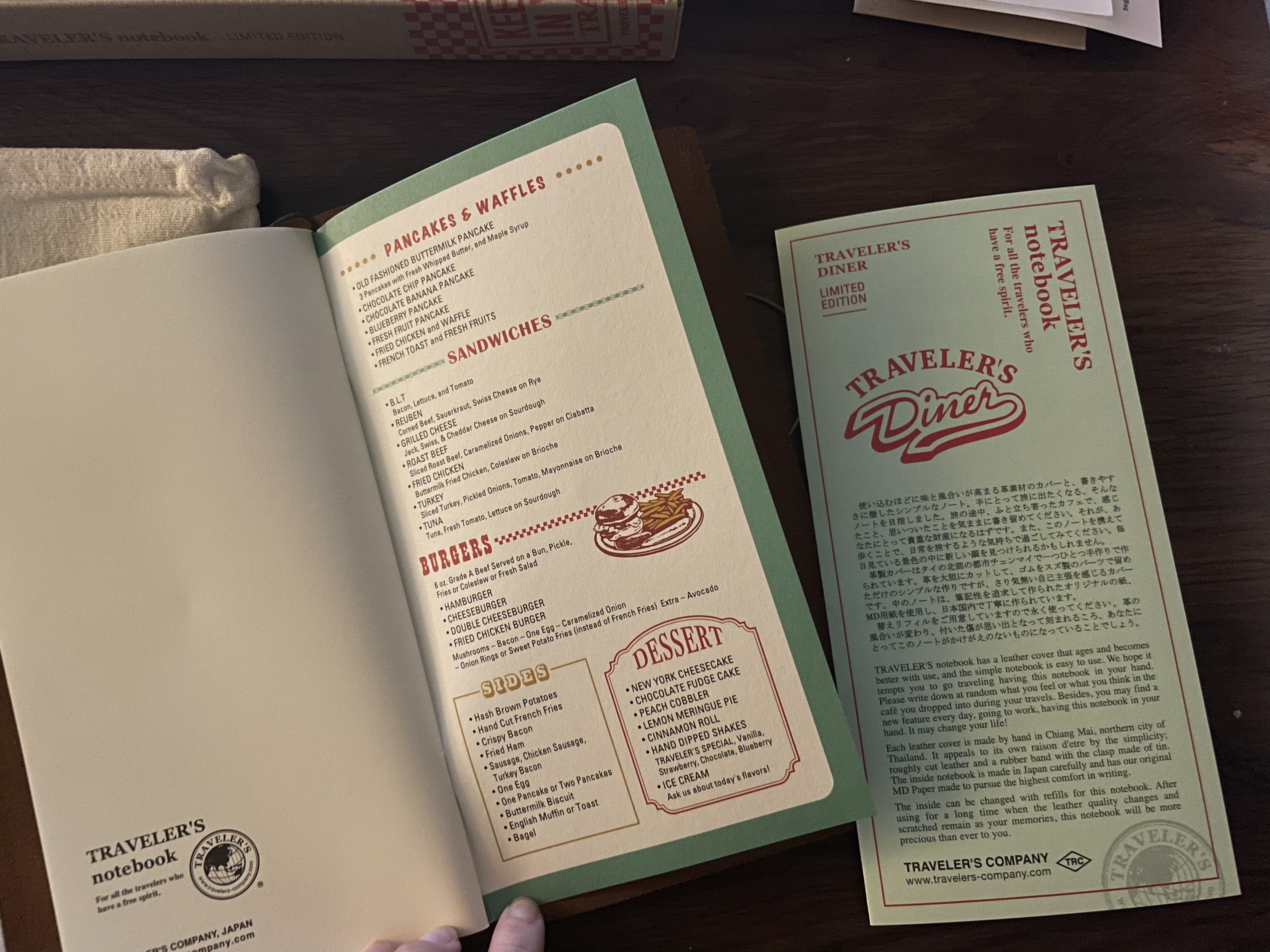 the right-side inner cover, which shows a diner menu with other sections: pancakes and waffles, sandwiches, burgers, sides, and dessert